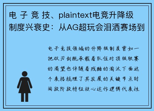 电 子 竞 技、plaintext电竞升降级制度兴衰史：从AG超玩会泪洒赛场到联盟化改革
